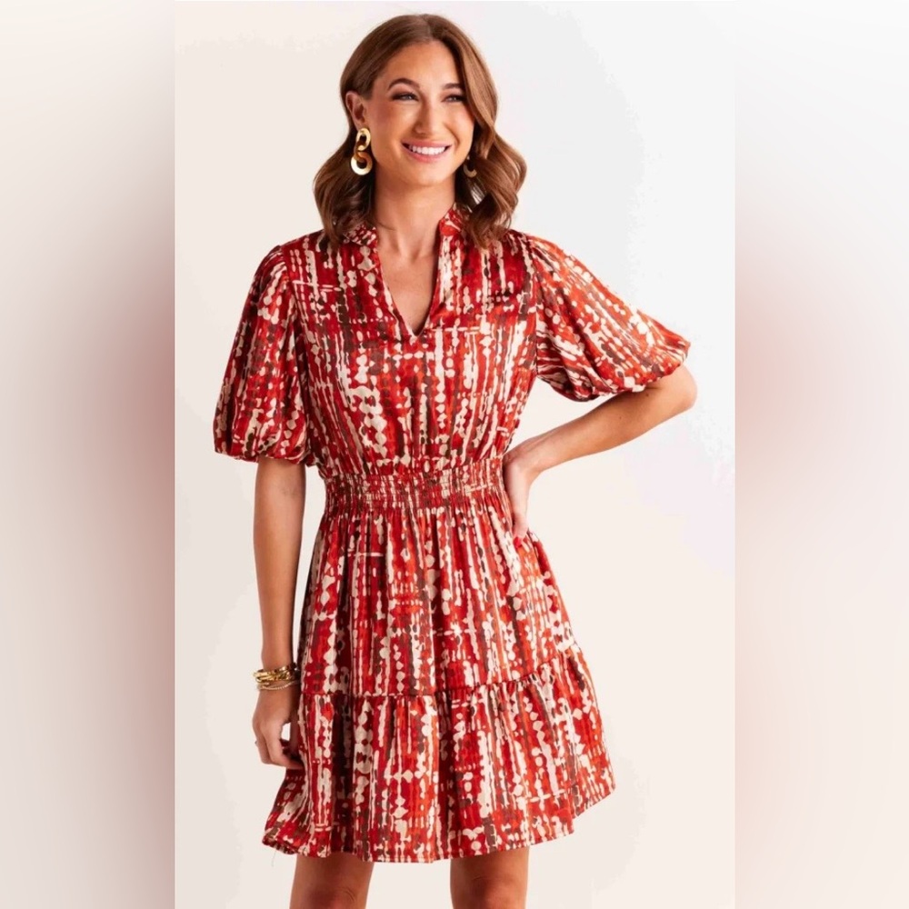 THML Cinnamon Craze Rust Puff Sleeve Mini Tiered Boho Dress Size Medium